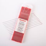 Pack of Weldcraft tungsten electrodes, 0.5mm x 175mm, 10 pieces with red tips for TIG welding.