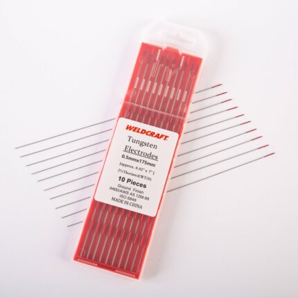 Pack of Weldcraft tungsten electrodes, 0.5mm x 175mm, 10 pieces with red tips for TIG welding.