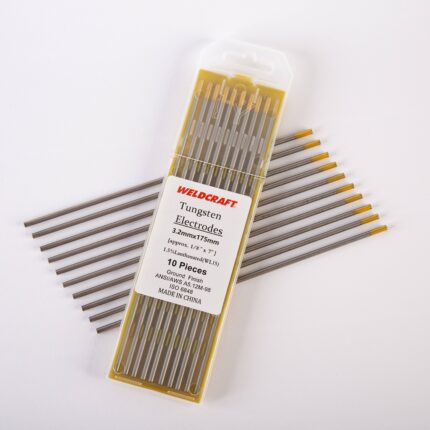 Close-up of a 10-pack of Weldcraft 3.2mm (1/8 inch) gold pure tungsten electrodes for TIG welding, ground finish, on a gold background.