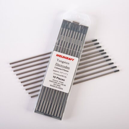 Open package of ten Weldcraft 3.2mm (1/8 inch) gray 2% ceriated tungsten electrodes for TIG welding, ground finish.