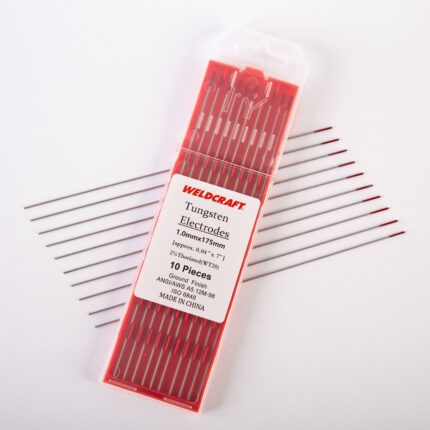 Pack of Weldcraft tungsten electrodes, 1.0mm x 175mm, 10 pieces with red tips for TIG welding.