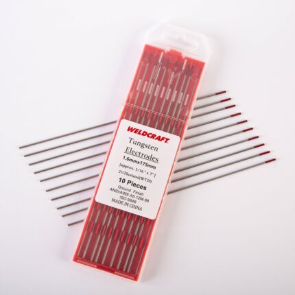 Pack of Weldcraft tungsten electrodes, 1.6mm x 175mm, 10 pieces with red tips for TIG welding.