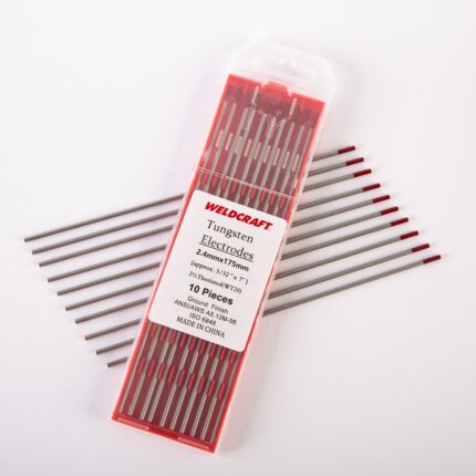 Pack of Weldcraft tungsten electrodes, 2.4mm x 175mm, 10 pieces with red tips for TIG welding.