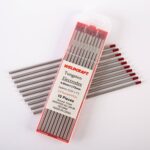 Pack of Weldcraft tungsten electrodes, 4.0mm x 175mm, 10 pieces with red tips for TIG welding.