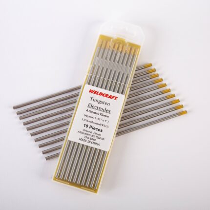 Close-up of a 10-pack of Weldcraft 4.0mm (5/32 inch) gold pure tungsten electrodes for TIG welding, ground finish, on a gold background.
