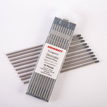 Open package of ten Weldcraft 4.0mm (5/32 inch) gray 2% ceriated tungsten electrodes for TIG welding, ground finish.
