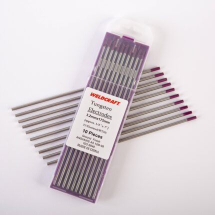 Ten Weldcraft 3.2mm (1/8 inch) purple pure tungsten electrodes (WT30) for TIG welding, ground finish